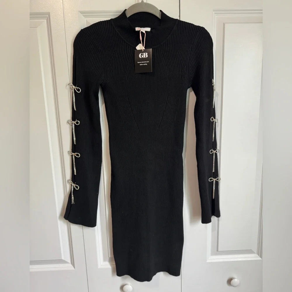 Gianni Bini Black Long Sleeve Dress Mock Neck with Bow Accents Size Small - Picture 1 of 8